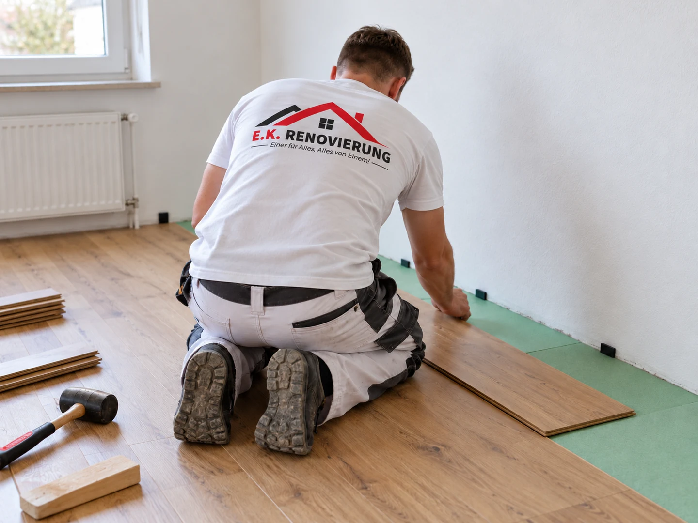 Mitarbeiter von E.K. Renovierung verlegt Laminat in einer Wohnung in Waldkraiburg