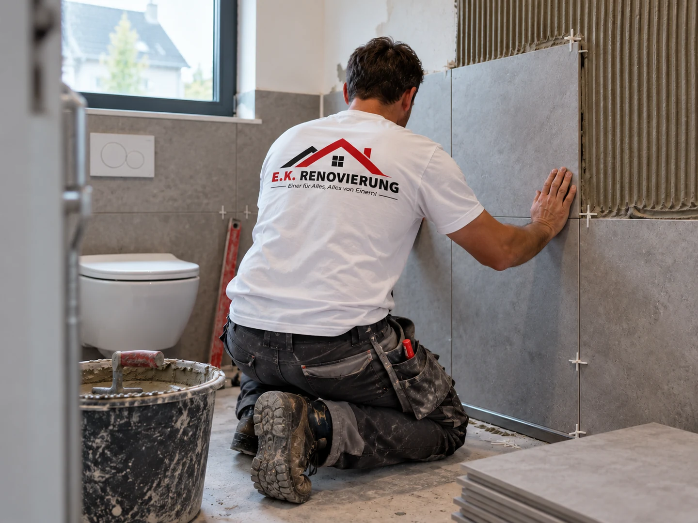Fliesenleger von E.K. Renovierung verlegt Wandfliesen in einem Bad in Waldkraiburg