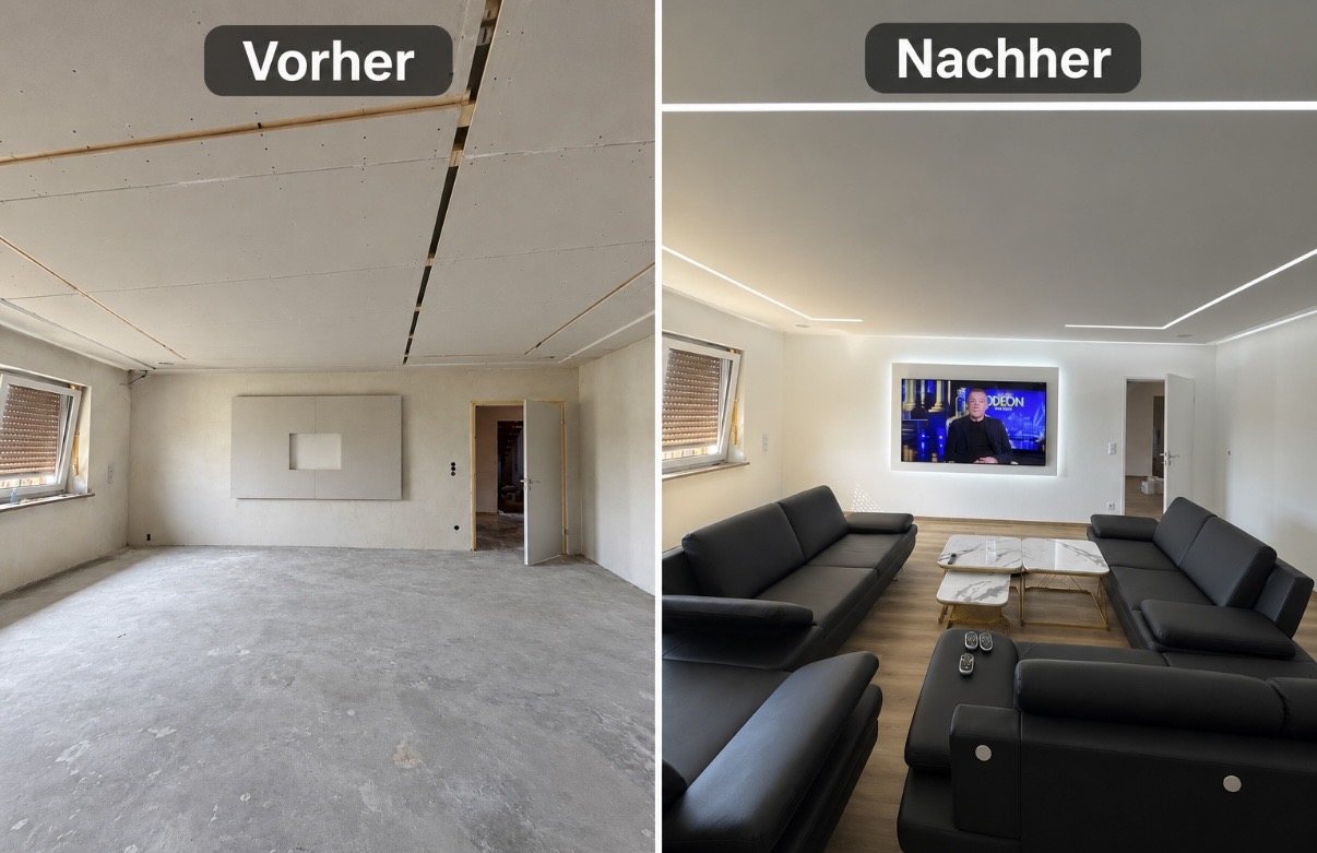 Wohnzimmer in Waldkraiburg vor und nach dem Trockenbau mit TV-Nische und indirekter Beleuchtung – E.K. Renovierung